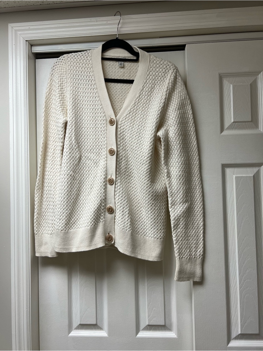 L.L. Bean Cream Textured V-Neck Button Cardigan